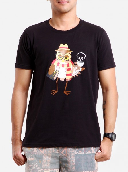 Dirty White Cotton Men Dexter the owl T-shirt (Black)