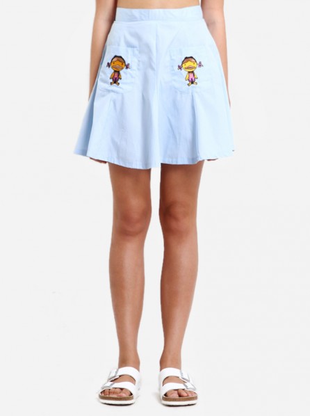 Stupkid Panelled Flare Skirt with Embroidery Pockets (Blue)