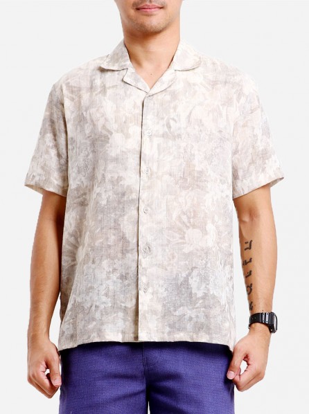 Vanishing and Vound Men Linen Floral Washed Out Shirt (Beige)