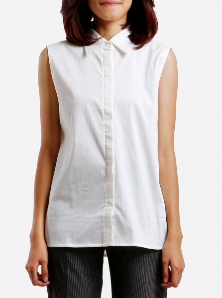 Elsife White Sleeveless Classic Shirt (White)