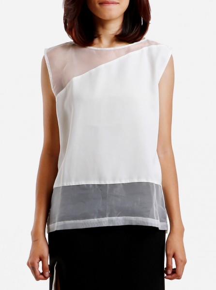 Elsife White Sleeveless Top With Mesh Panels (White)