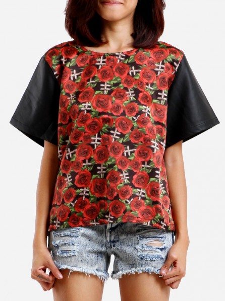 Monstore Women Roses Faux Leather Panel Top (Black)